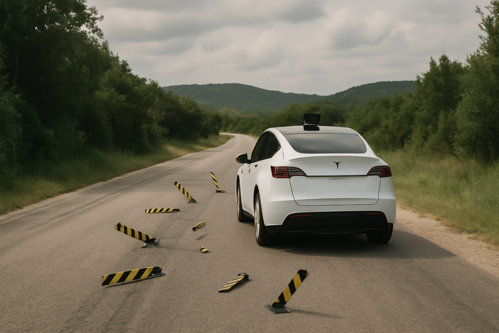 Um Carro Autônomo da Tesla Atravessa Barreiras em Austin